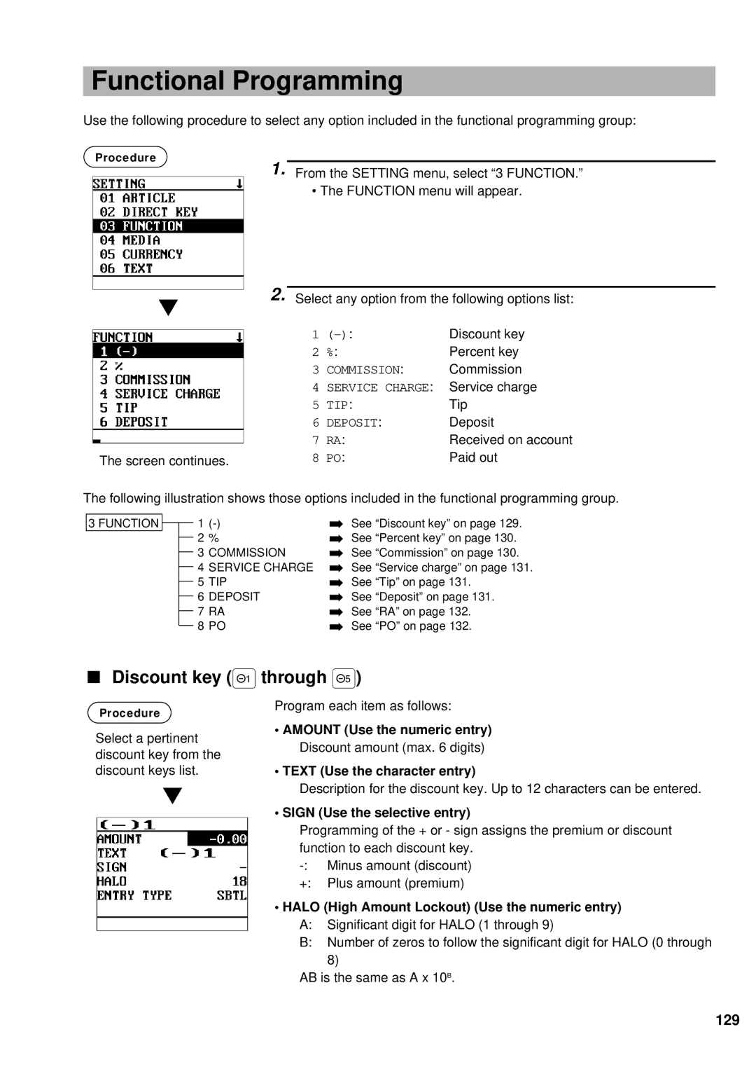 Sharp UP-600 Functional Programming, Discount key ! through %, 129, Halo High Amount Lockout Use the numeric entry 