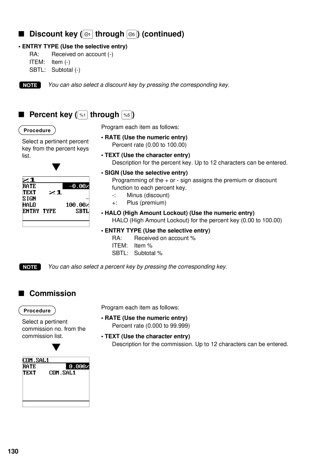 Sharp UP-600 instruction manual Percent key ¡ through ∞, Commission, 130, Entry Type Use the selective entry 