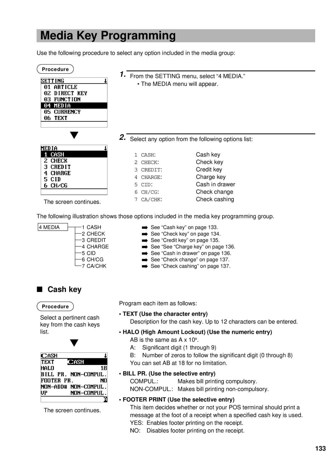 Sharp UP-600 Media Key Programming, Cash key, 133, Bill PR. Use the selective entry, Footer Print Use the selective entry 