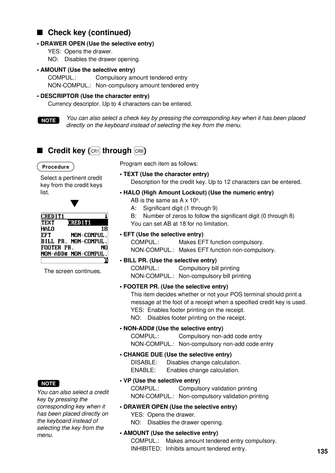 Sharp UP-600 instruction manual Check key, Credit key Ó through Œ, 135 