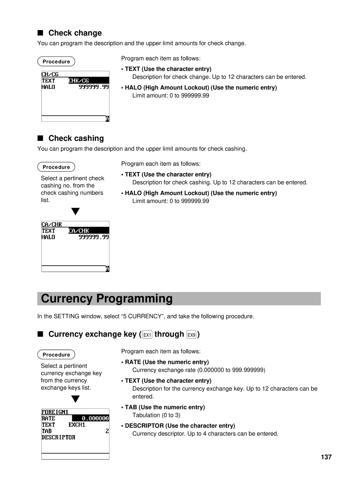 Sharp UP-600 instruction manual Currency Programming, Check change, Check cashing, Currency exchange key , through +, 137 