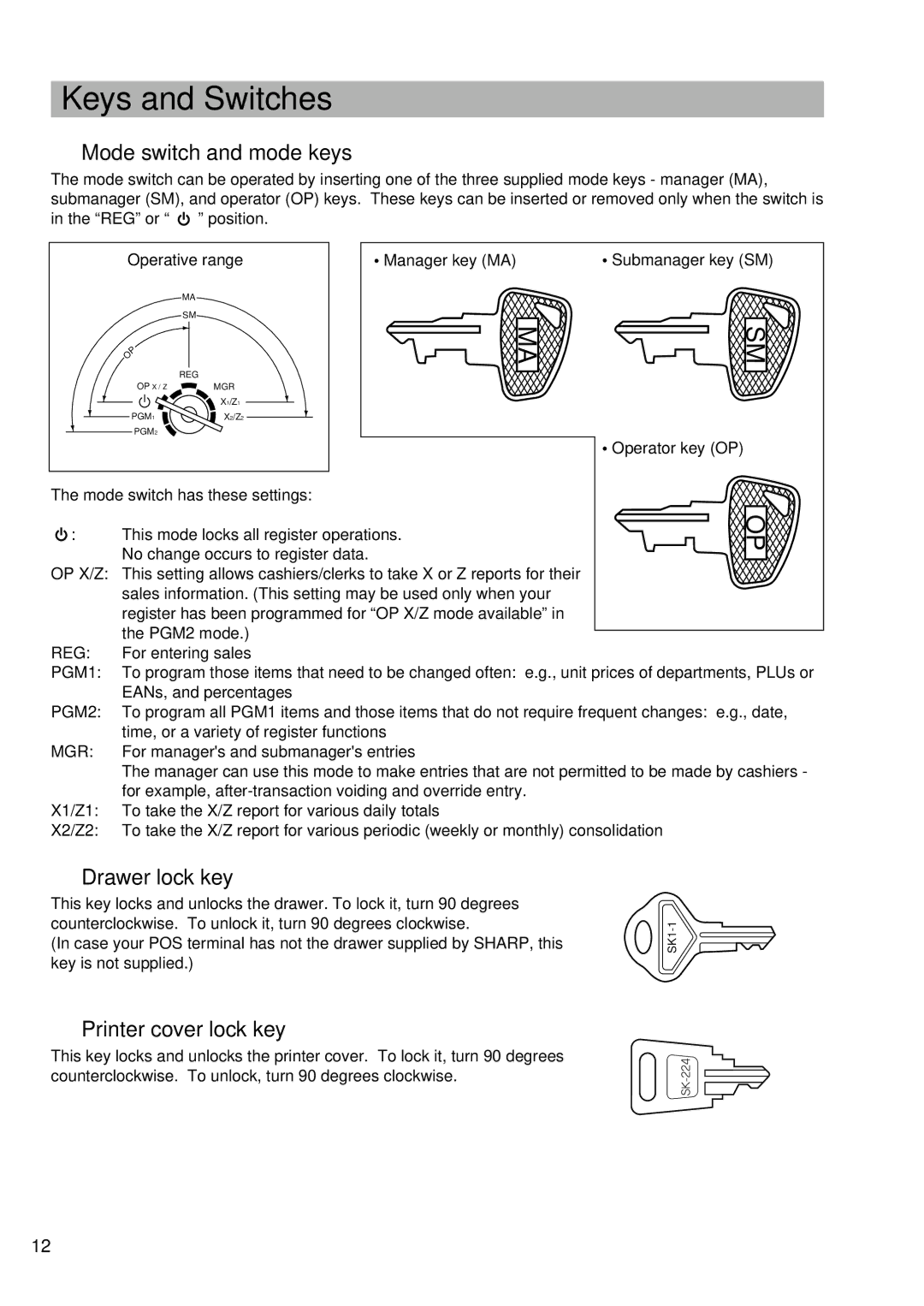 Sharp UP-600 instruction manual Keys and Switches, Mode switch and mode keys, Drawer lock key, Printer cover lock key 