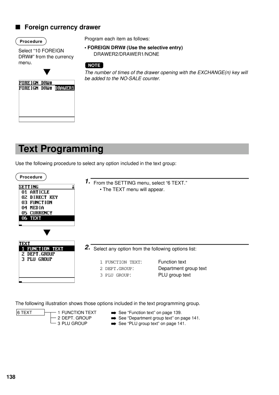 Sharp UP-600 Text Programming, Foreign currency drawer, 138, Foreign DRW# Use the selective entry DRAWER2/DRAWER1/NONE 