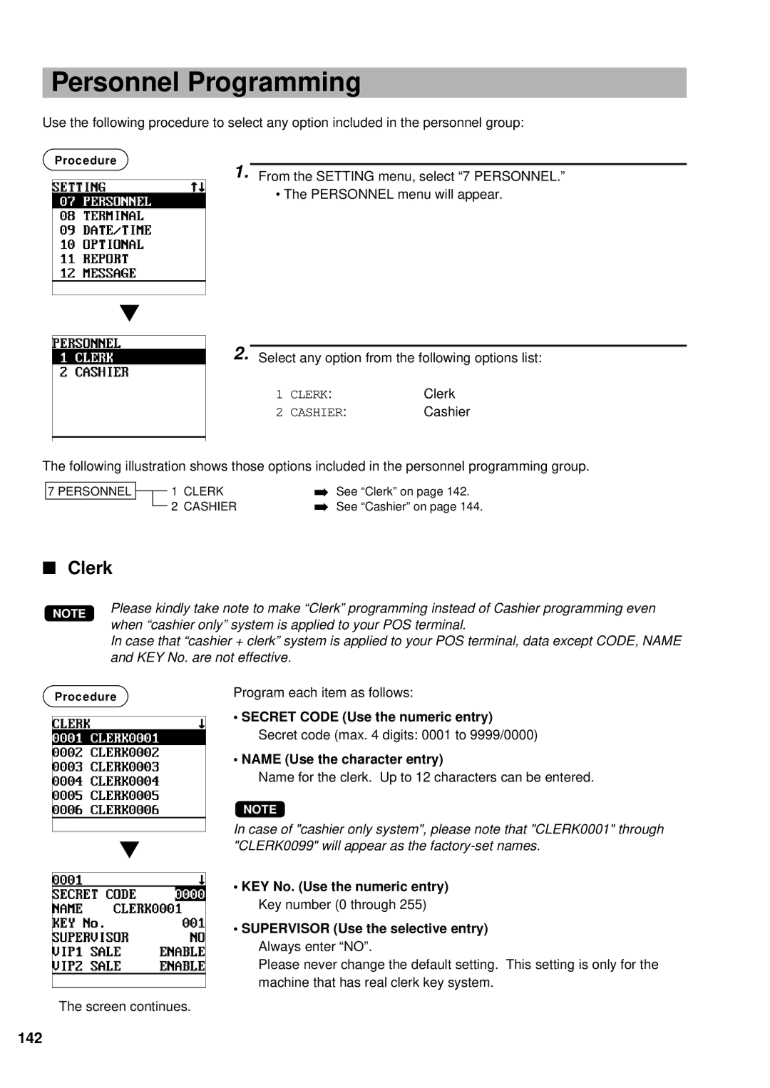 Sharp UP-600 Personnel Programming, Clerk, 142, Secret Code Use the numeric entry, Name Use the character entry 