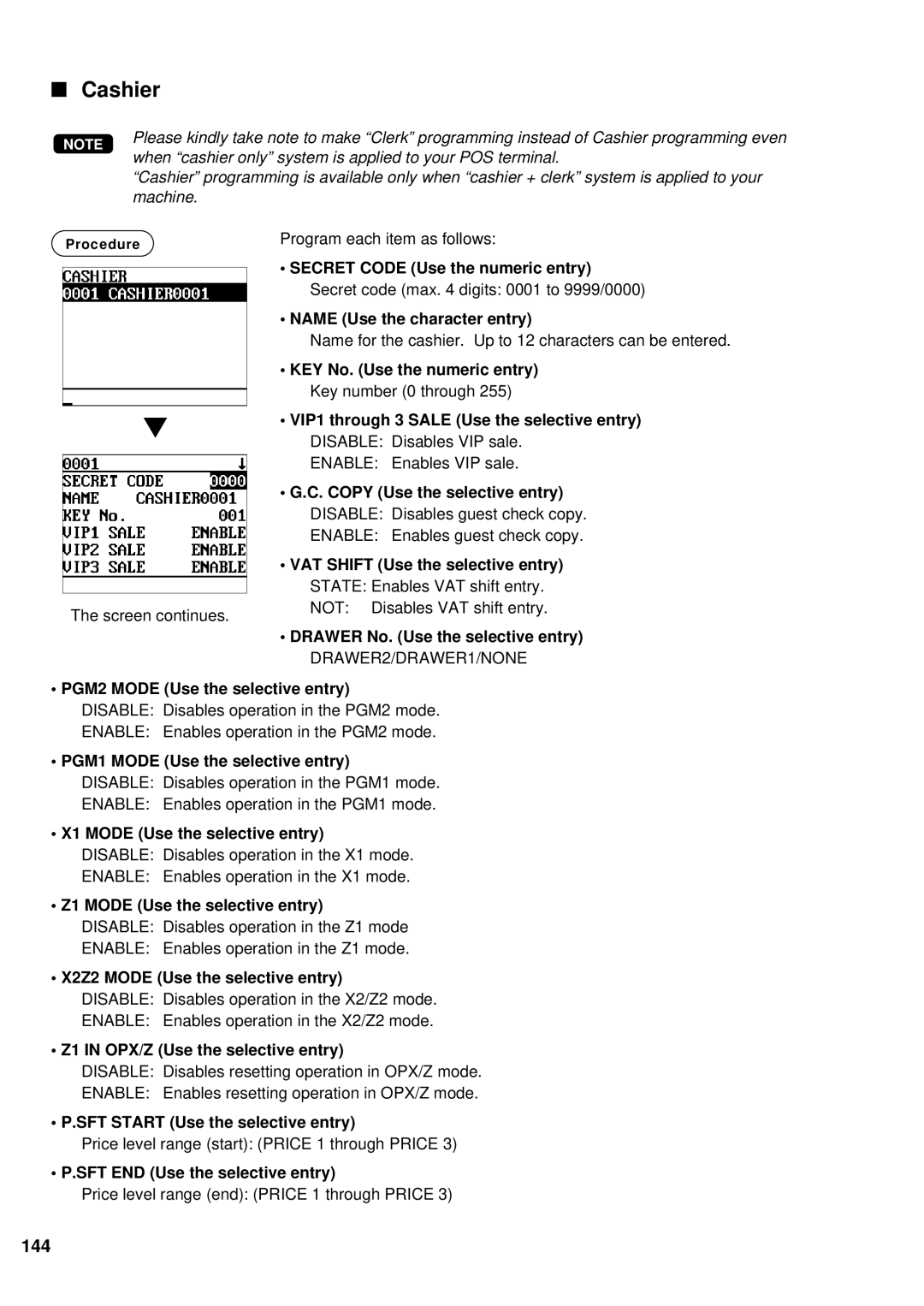 Sharp UP-600 instruction manual Cashier, 144 