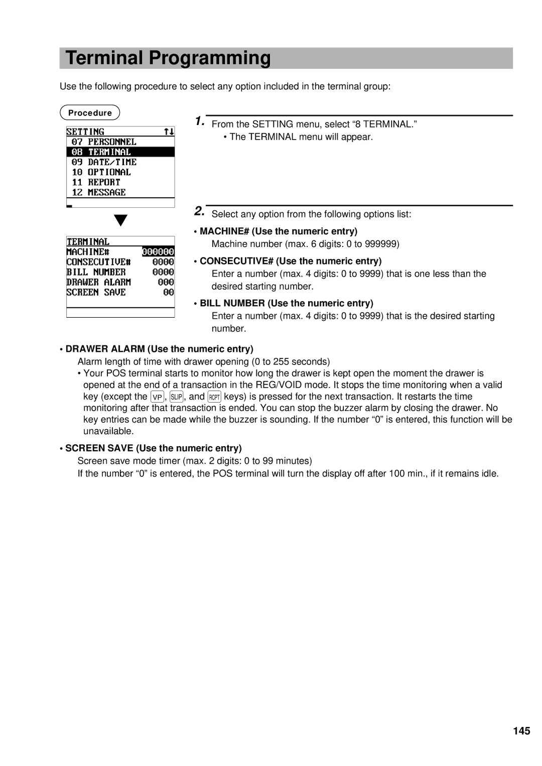 Sharp UP-600 instruction manual Terminal Programming, 145 