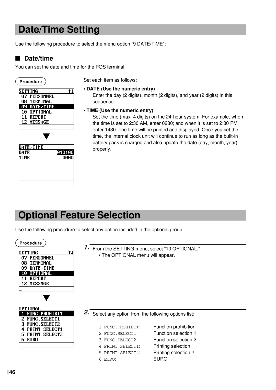 Sharp UP-600 instruction manual Date/Time Setting, Optional Feature Selection, Date/time, 146 