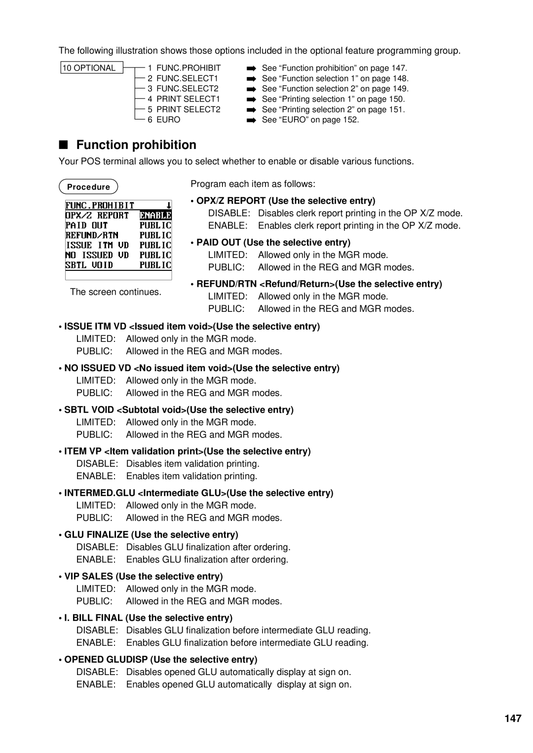 Sharp UP-600 instruction manual Function prohibition, 147 