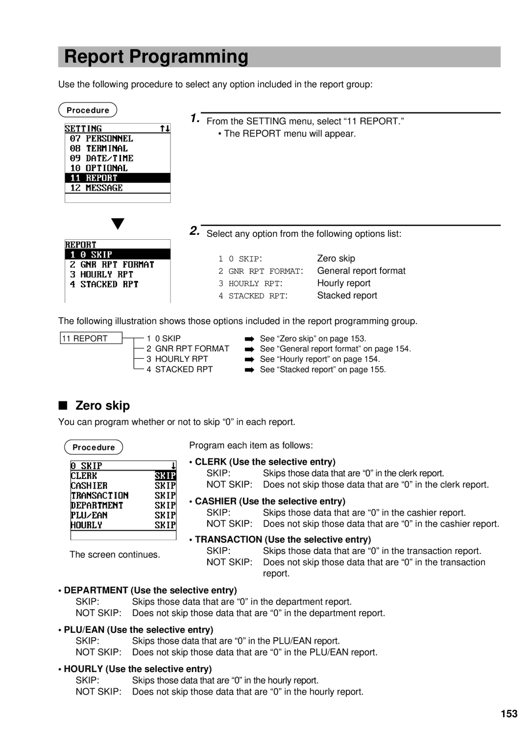 Sharp UP-600 instruction manual Report Programming, Zero skip, 153 