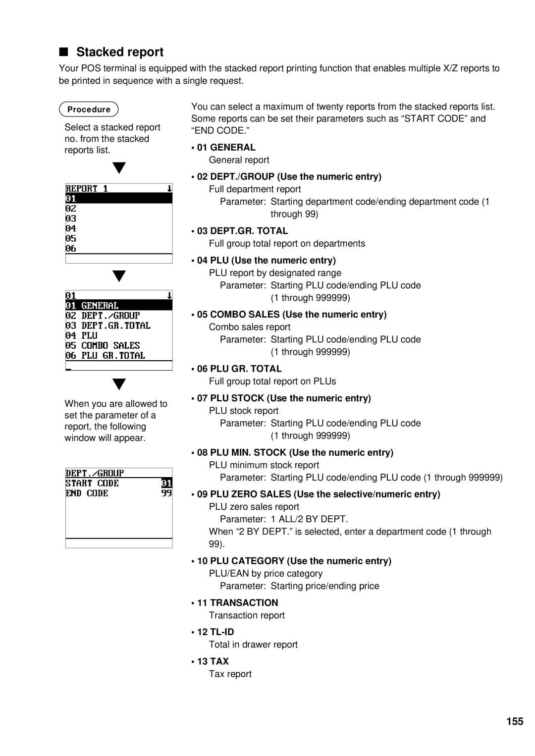 Sharp UP-600 instruction manual Stacked report, 155 