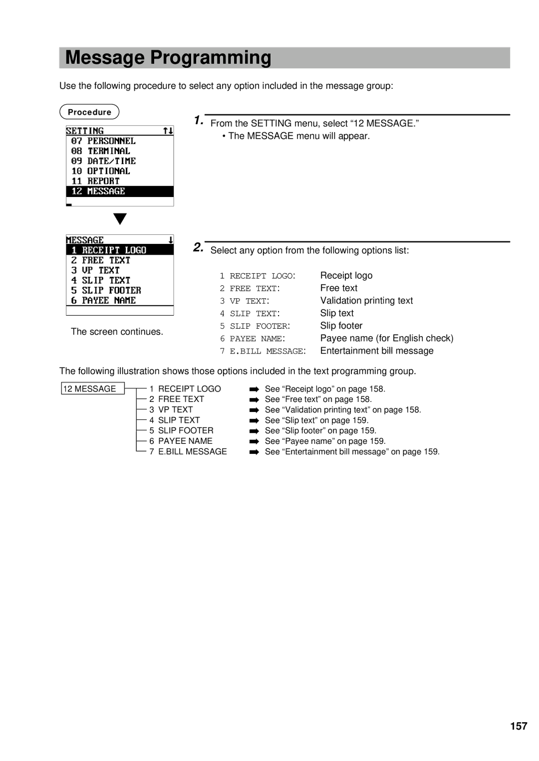 Sharp UP-600 instruction manual Message Programming, 157 