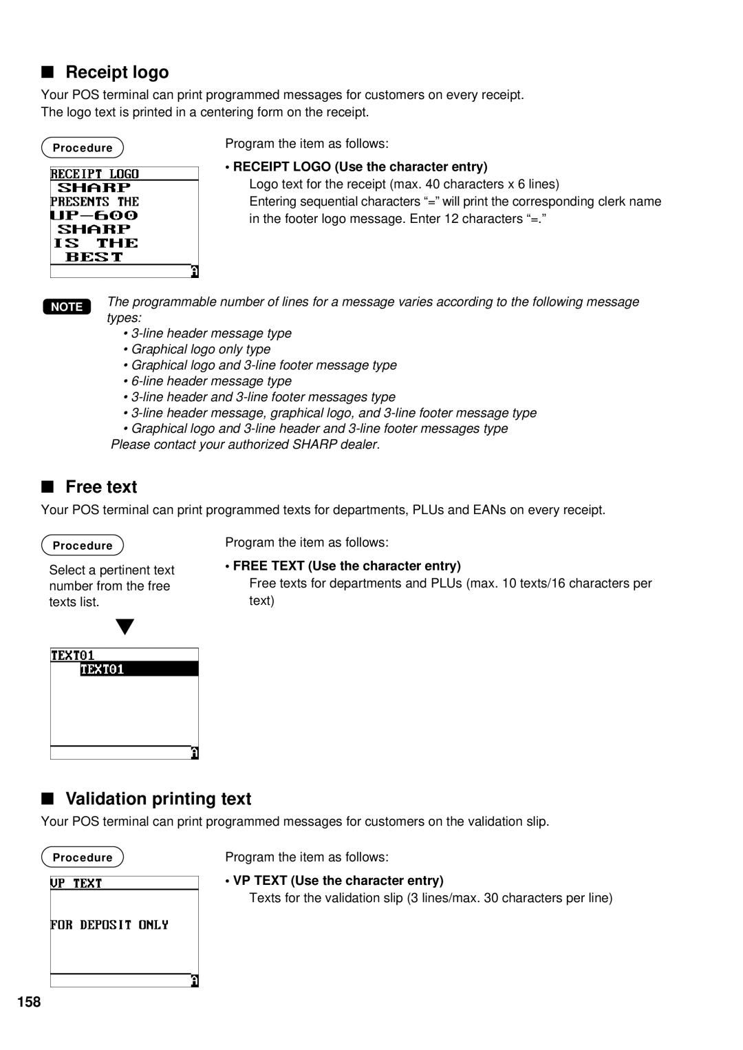 Sharp UP-600 instruction manual Receipt logo, Free text, Validation printing text, 158 