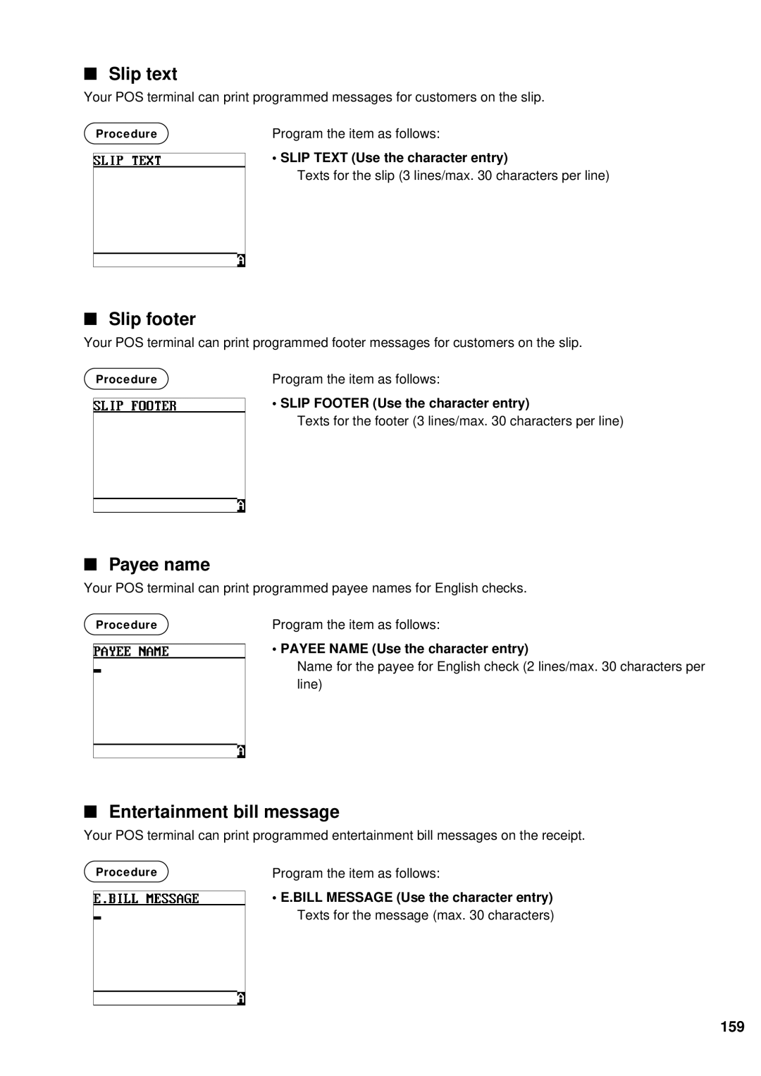 Sharp UP-600 instruction manual Slip text, Slip footer, Payee name, Entertainment bill message, 159 