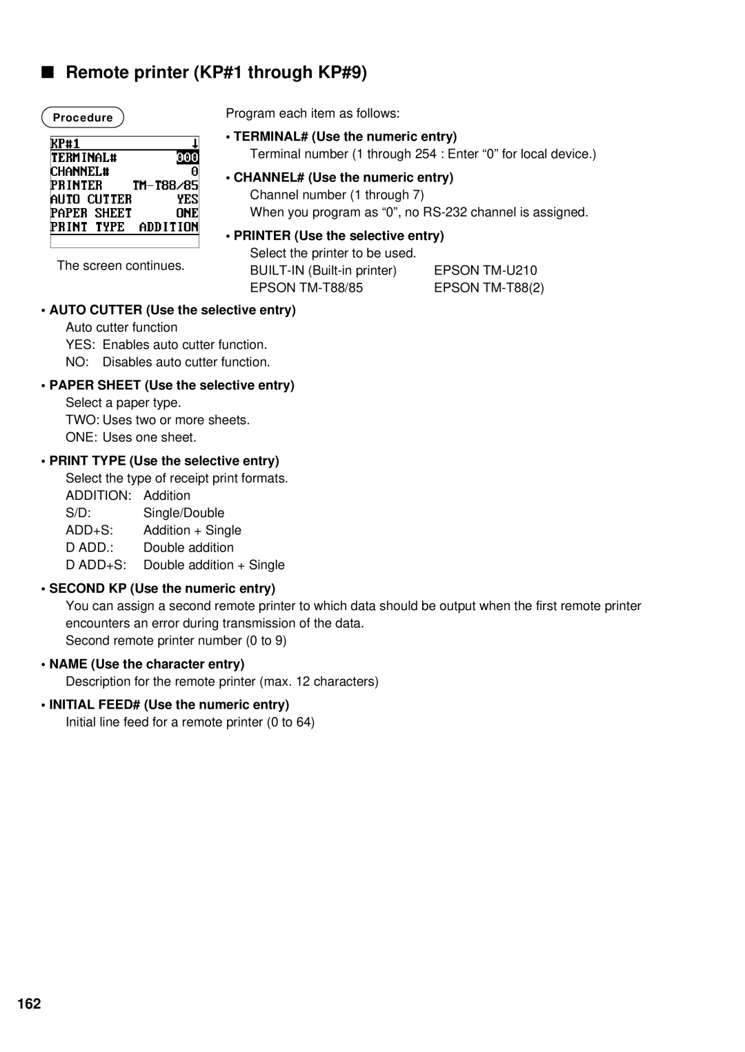 Sharp UP-600 Remote printer KP#1 through KP#9, 162, Paper Sheet Use the selective entry Select a paper type 