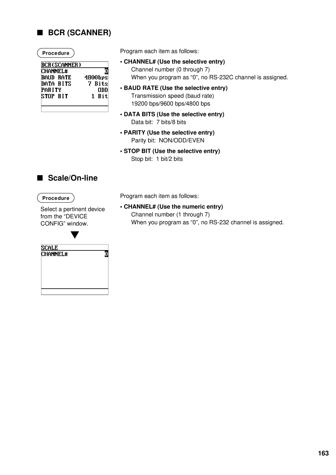 Sharp UP-600 Scale/On-line, 163, CHANNEL# Use the selective entry Channel number 0 through, CHANNEL# Use the numeric entry 