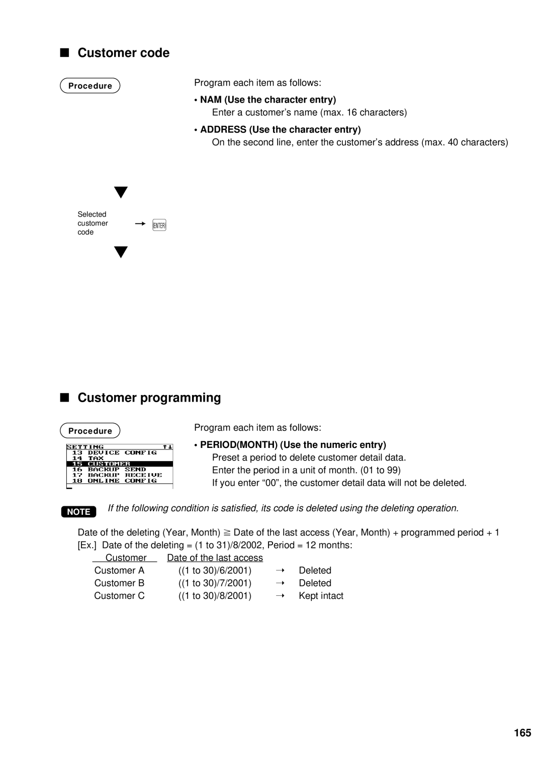 Sharp UP-600 Customer code, Customer programming, 165, NAM Use the character entry, Address Use the character entry 