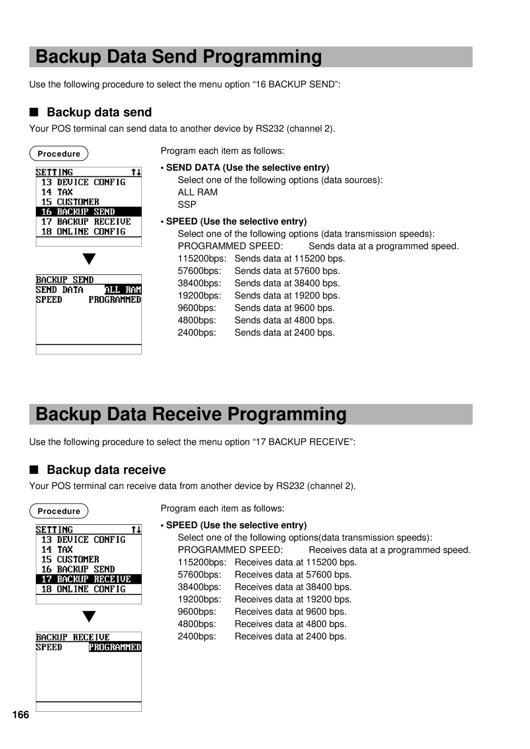 Sharp UP-600 Backup Data Send Programming, Backup Data Receive Programming, Backup data send, Backup data receive, 166 