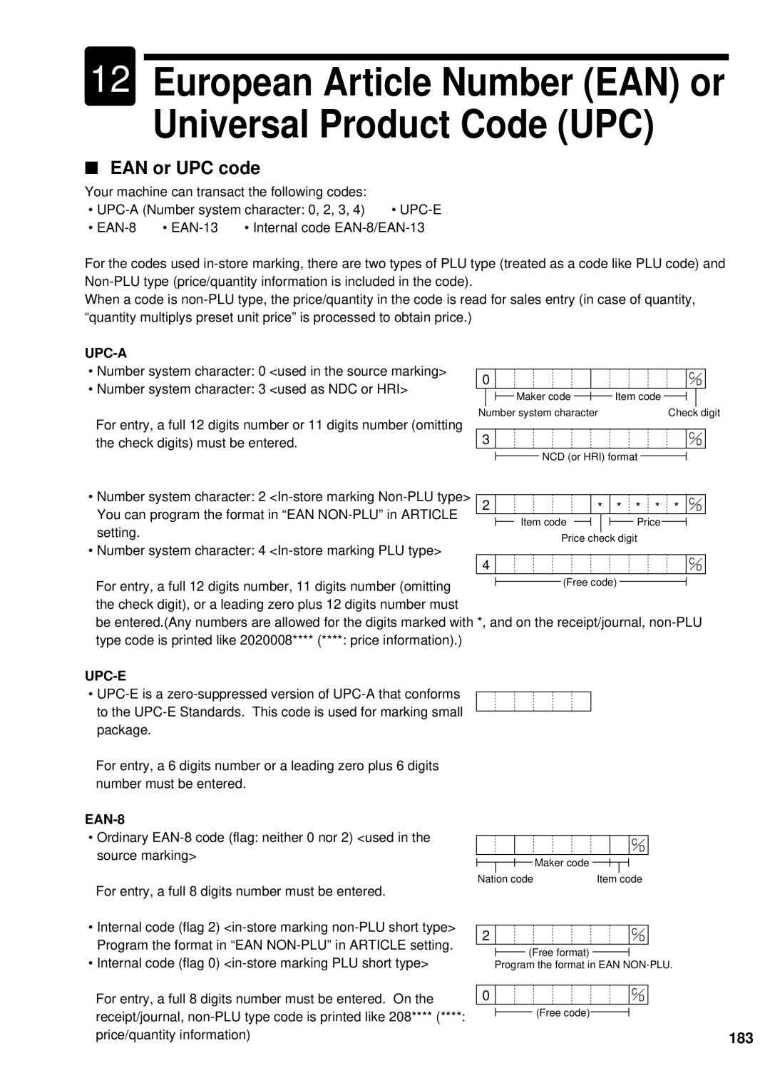 Sharp UP-600 instruction manual EAN or UPC code, 183 