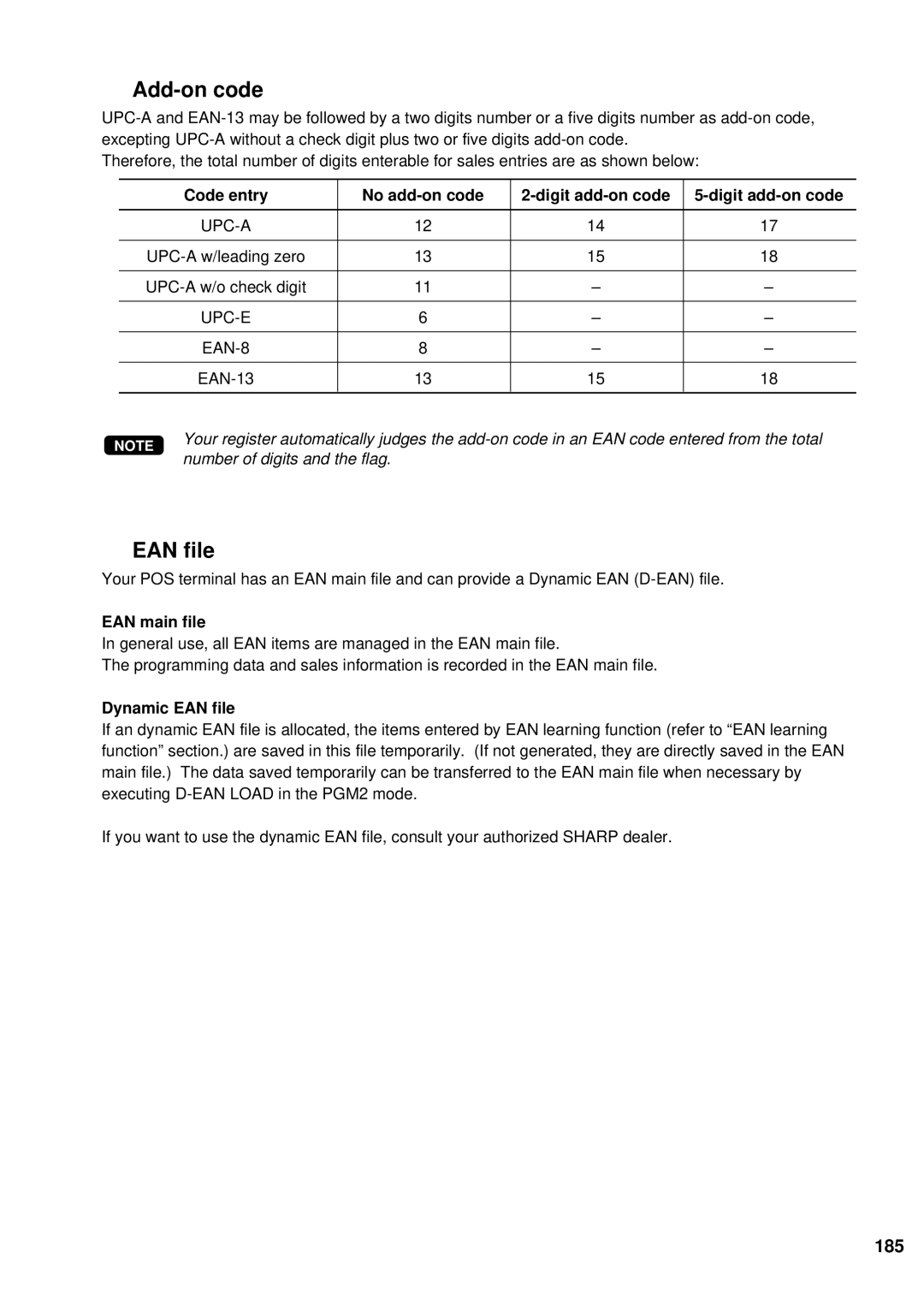Sharp UP-600 instruction manual Add-on code, EAN file, 185 