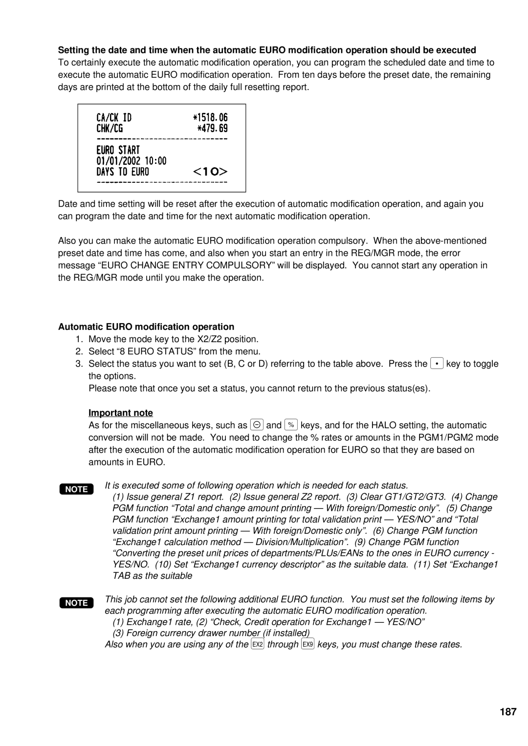 Sharp UP-600 instruction manual 187, Automatic Euro modification operation, Important note 