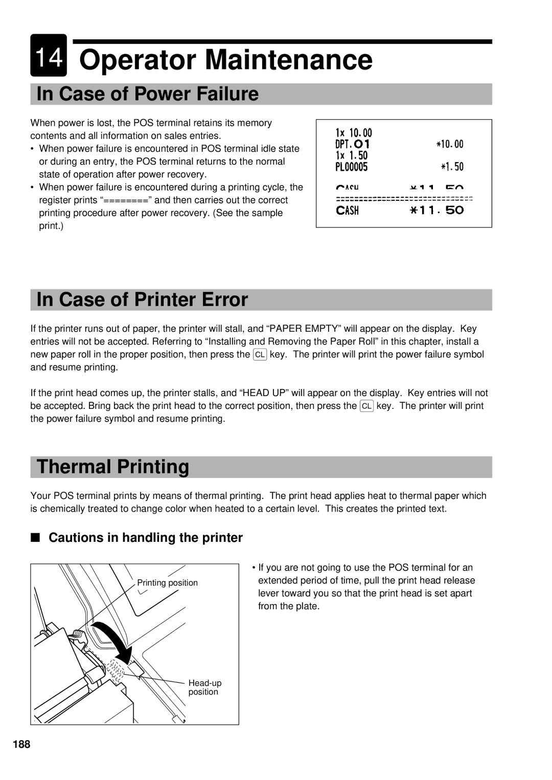 Sharp UP-600 instruction manual Operator Maintenance, Case of Power Failure, Case of Printer Error, Thermal Printing, 188 