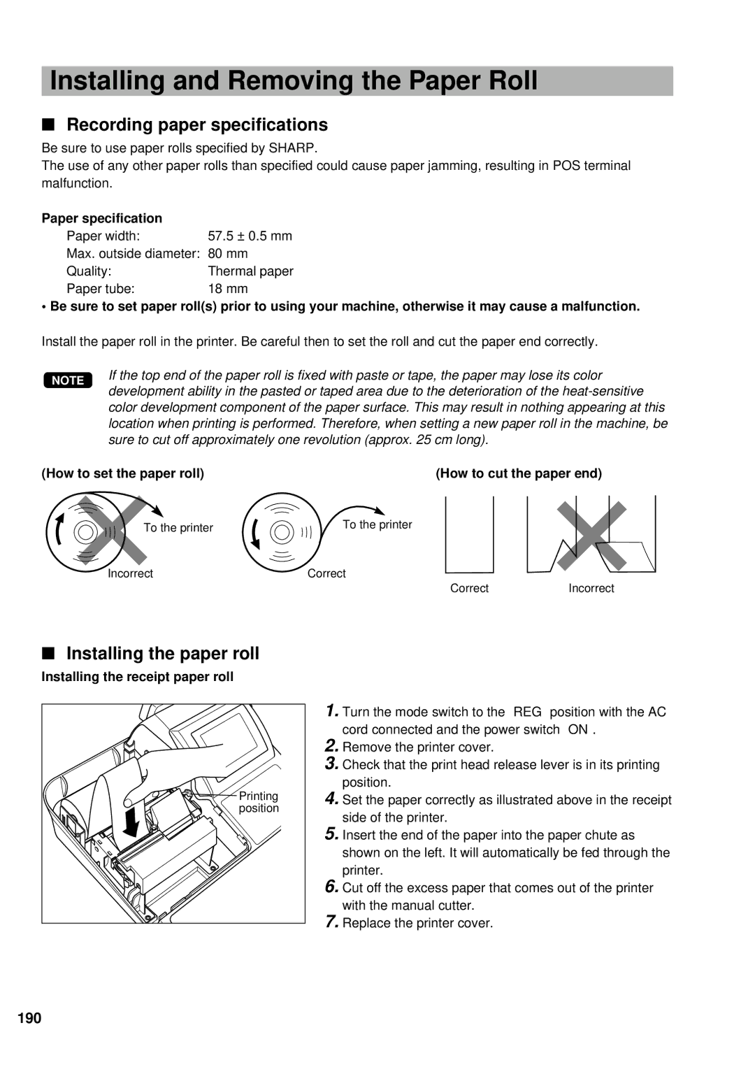 Sharp UP-600 Installing and Removing the Paper Roll, Recording paper specifications, Installing the paper roll, 190 