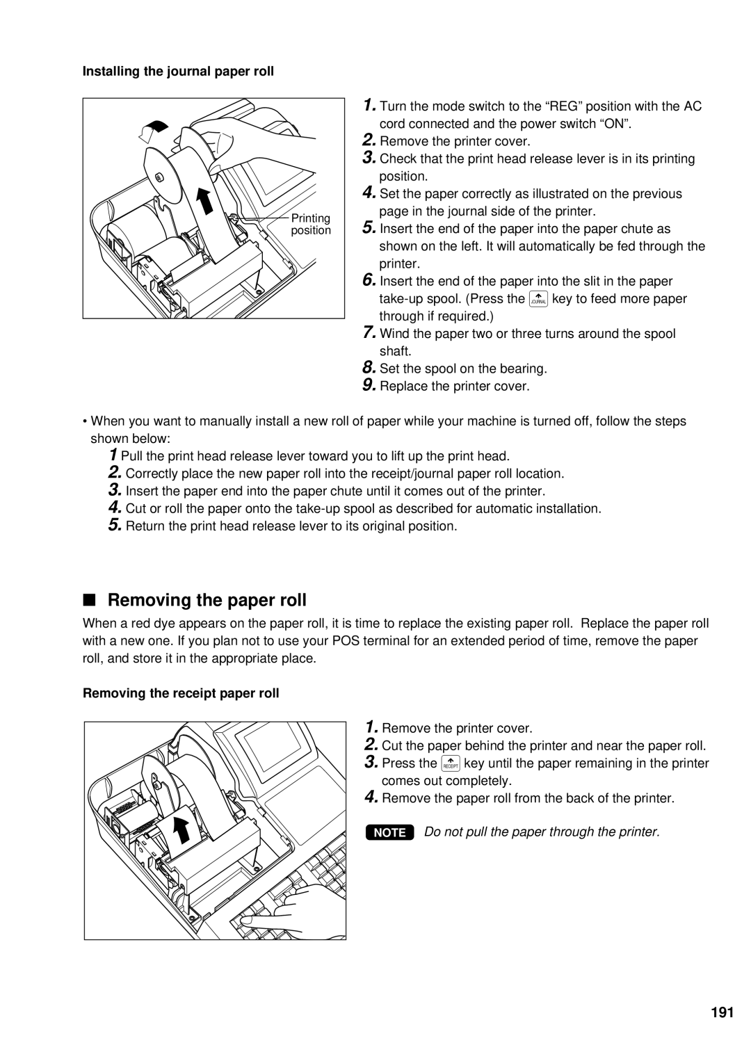 Sharp UP-600 Removing the paper roll, 191, Installing the journal paper roll, Removing the receipt paper roll 