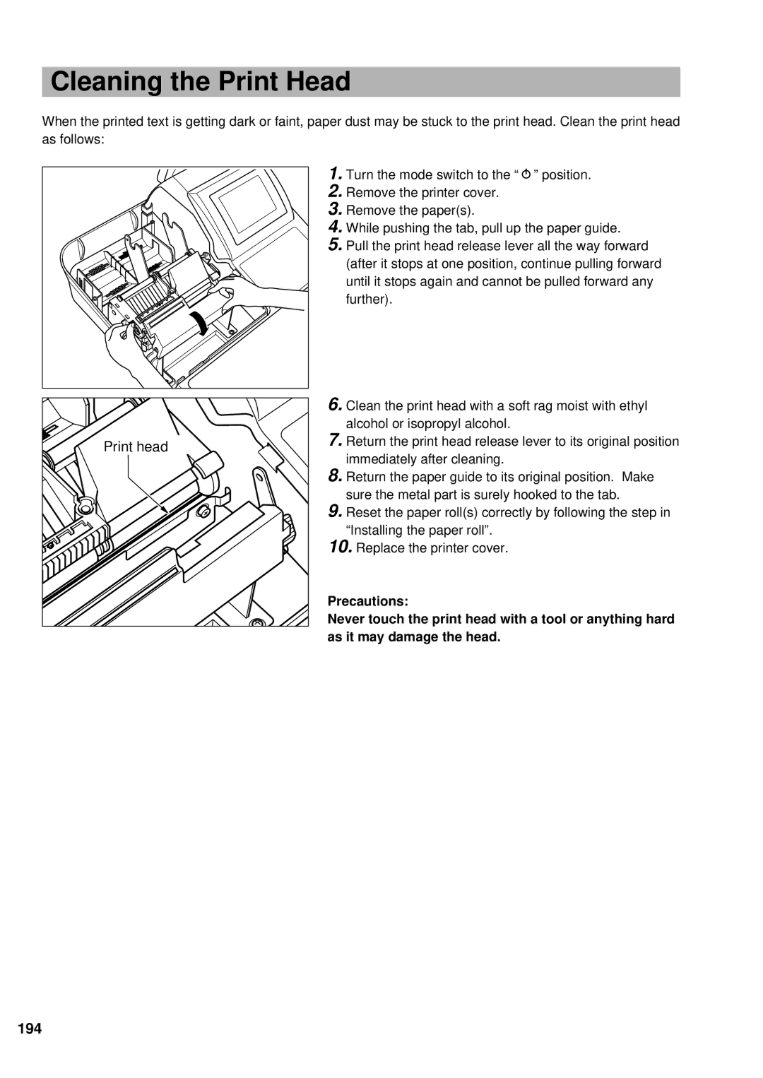 Sharp UP-600 instruction manual Cleaning the Print Head, 194 