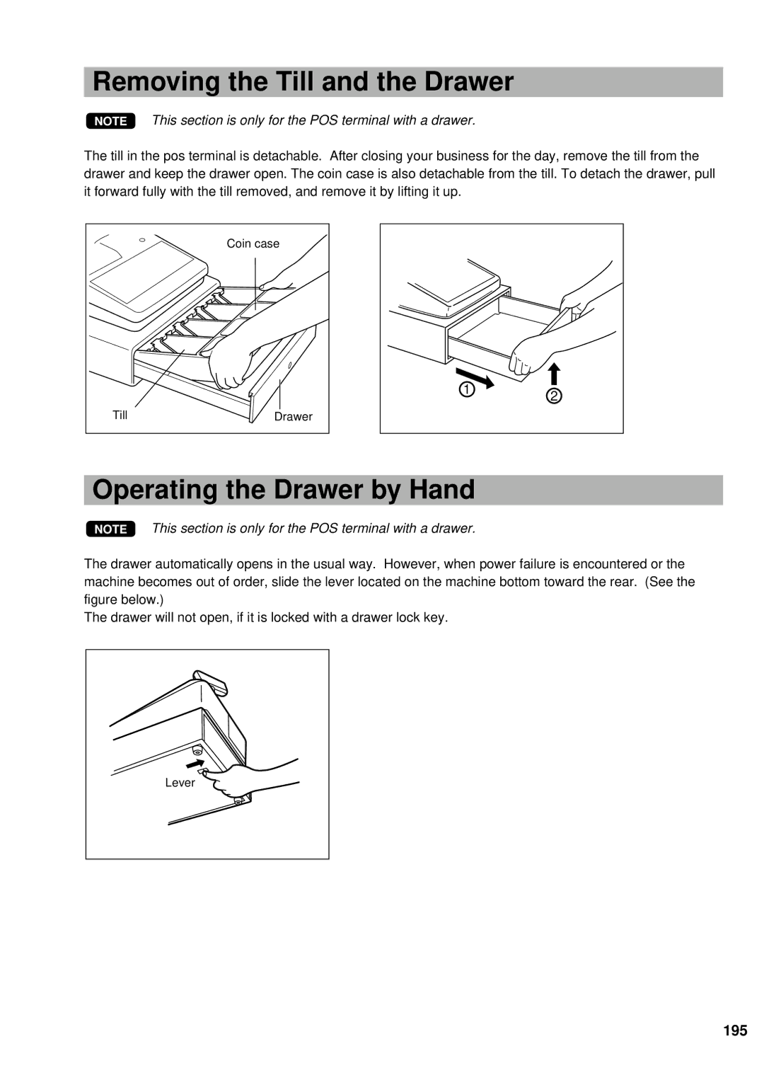 Sharp UP-600 instruction manual Removing the Till and the Drawer, Operating the Drawer by Hand, 195 