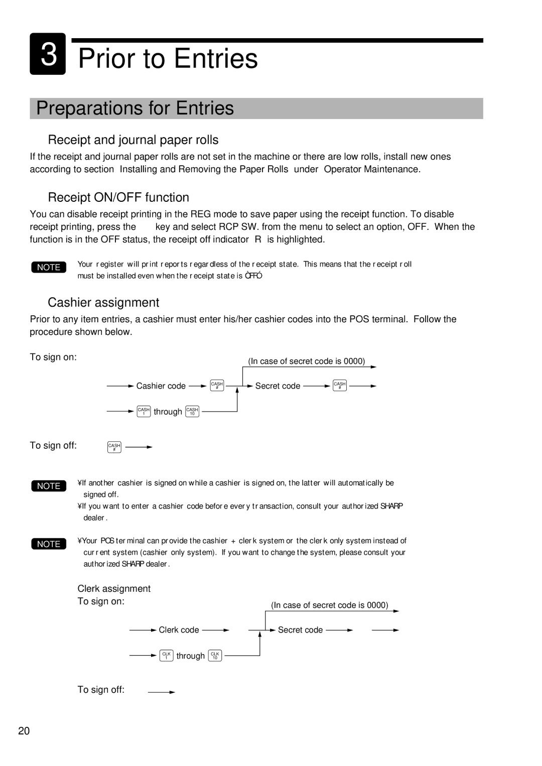 Sharp UP-600 Prior to Entries, Preparations for Entries, Receipt and journal paper rolls, Receipt ON/OFF function 