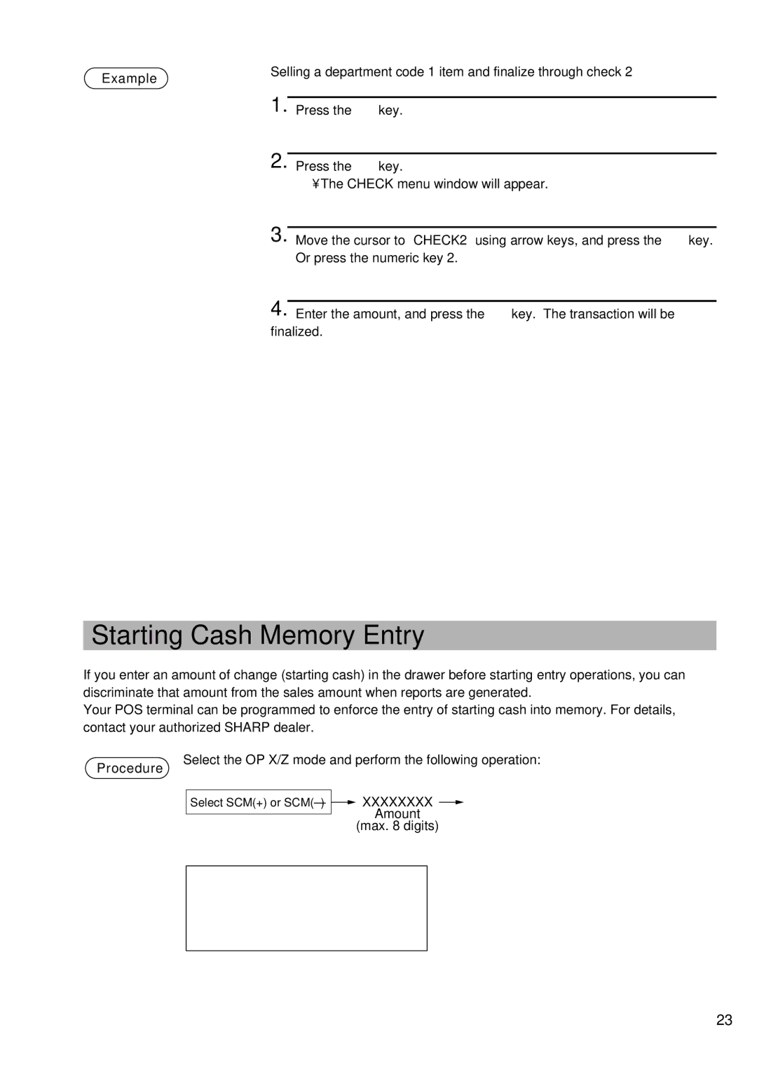 Sharp UP-600 instruction manual Starting Cash Memory Entry, Procedure 