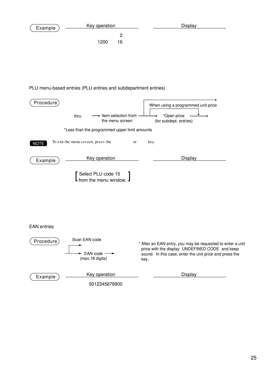 Sharp UP-600 instruction manual Example Key operation Display, EAN entries Procedure 