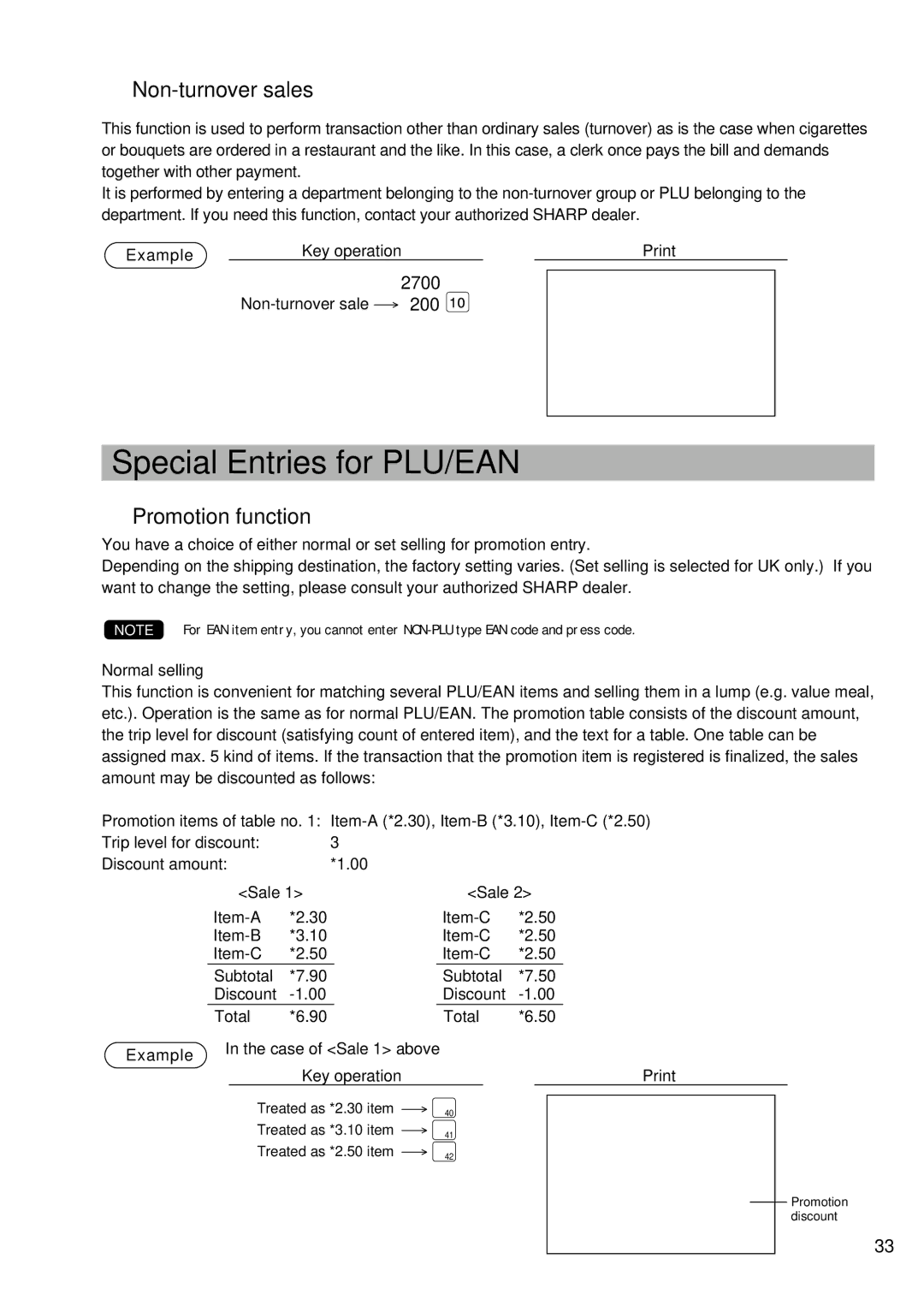 Sharp UP-600 instruction manual Special Entries for PLU/EAN, Non-turnover sales, Promotion function, 2700, 200 