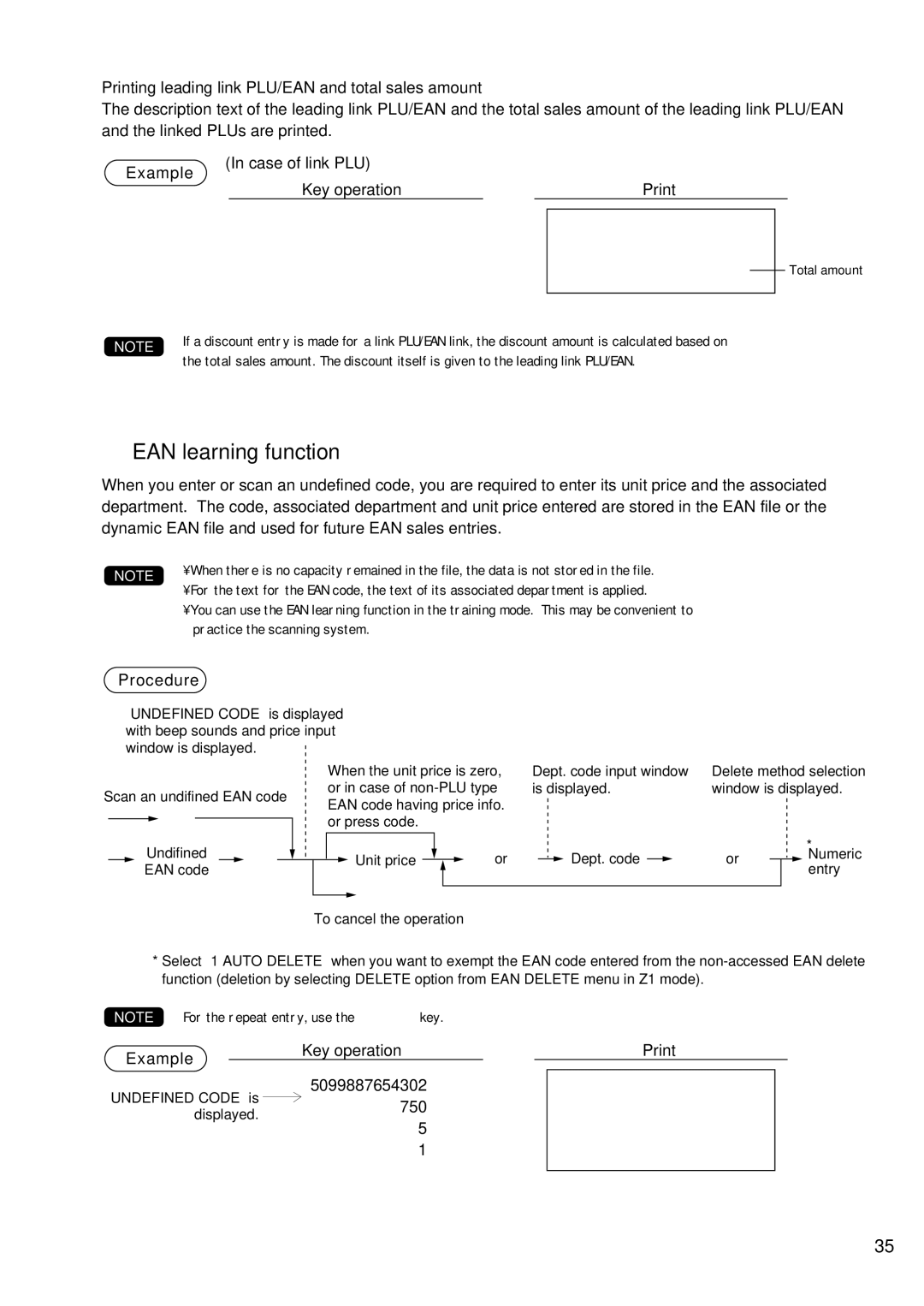 Sharp UP-600 instruction manual EAN learning function, Printing leading link PLU/EAN and total sales amount, 750 c 