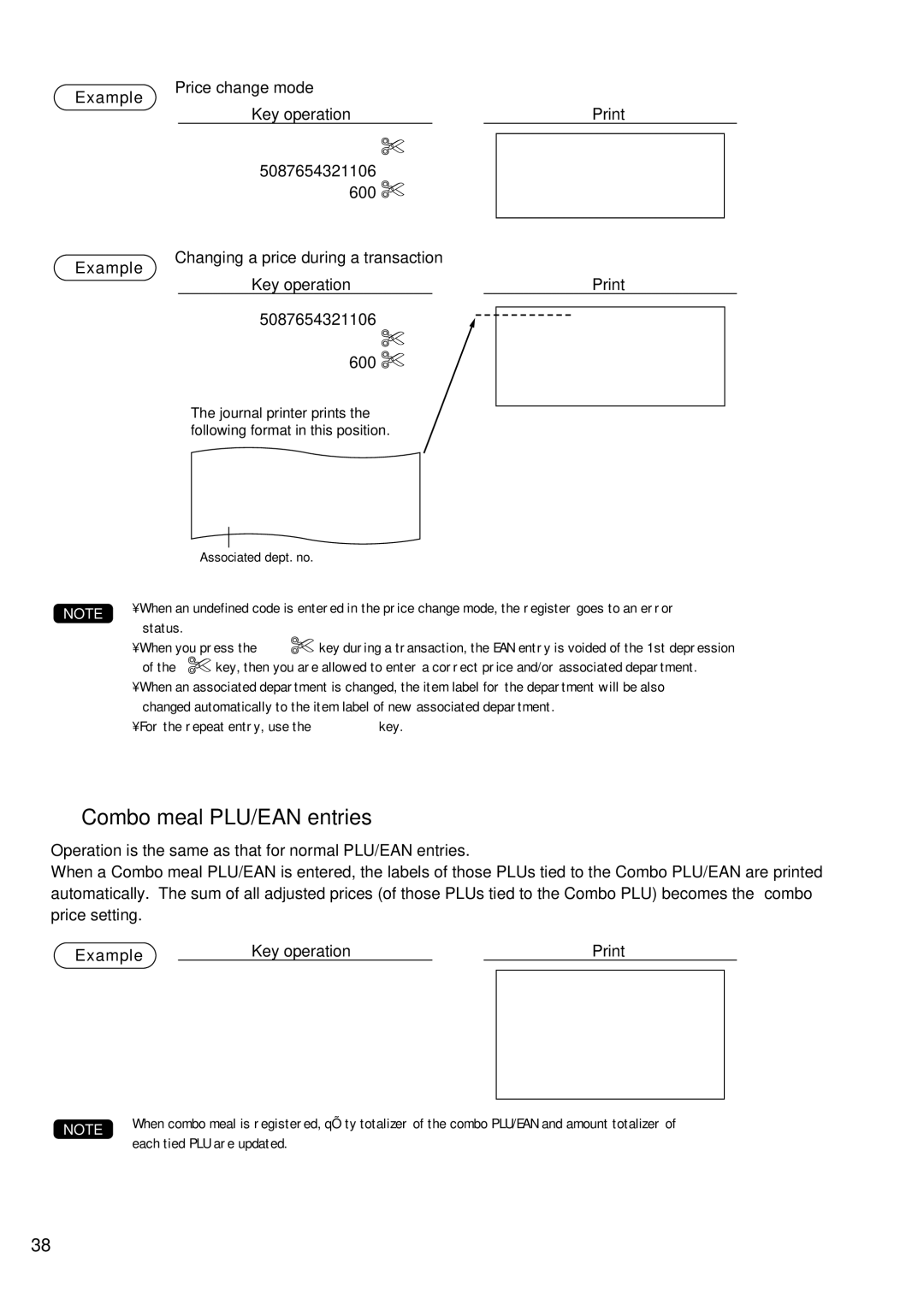 Sharp UP-600 instruction manual 600 Ê, Combo meal PLU/EAN entries, Example Price change mode Key operation Print 