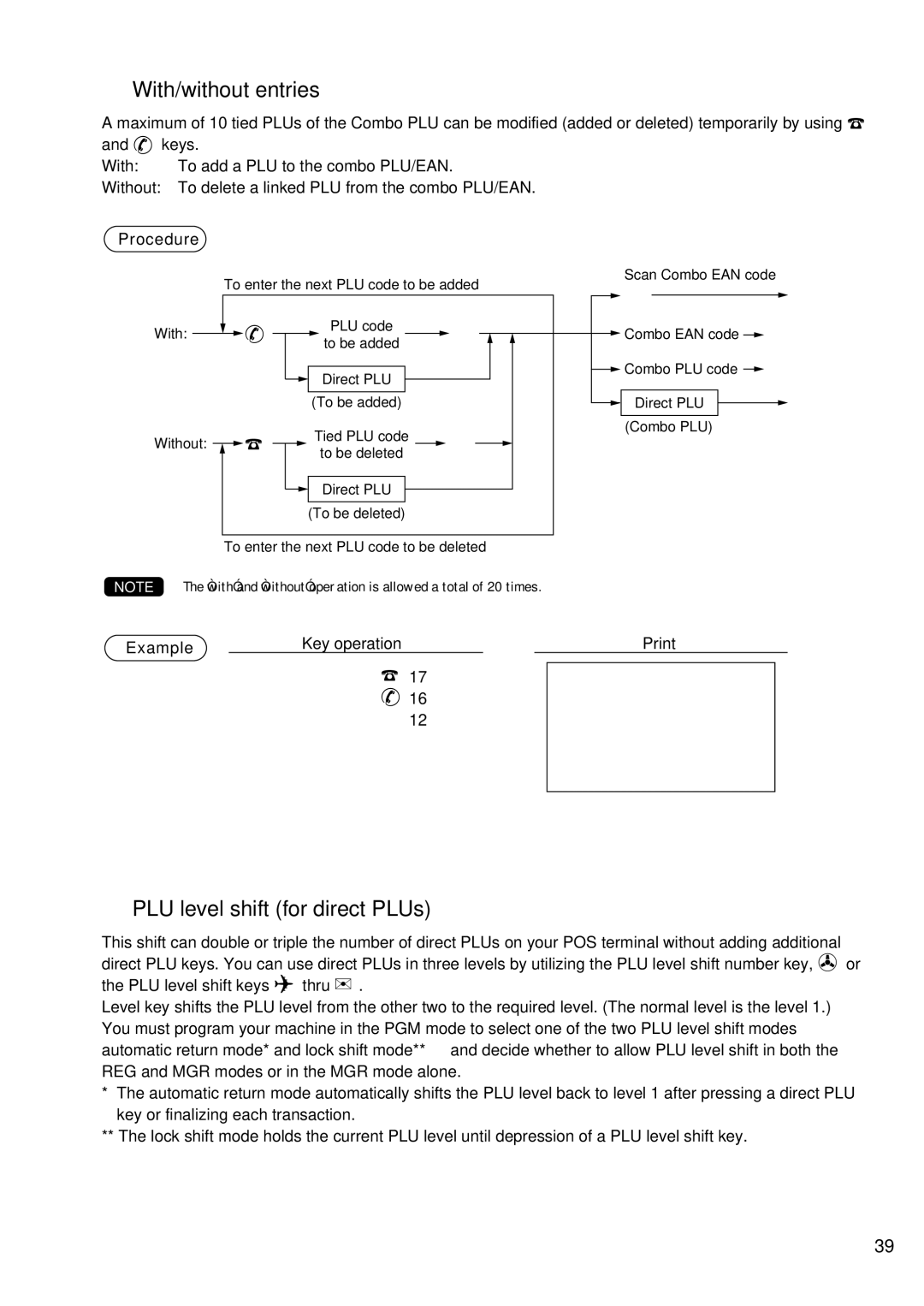 Sharp UP-600 instruction manual With/without entries, PLU level shift for direct PLUs 