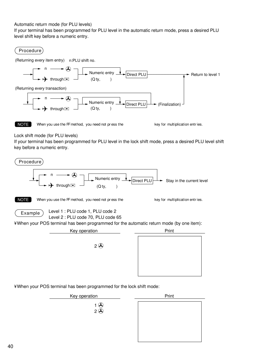 Sharp UP-600 instruction manual Automatic return mode for PLU levels, Lock shift mode for PLU levels, Key operation Print 