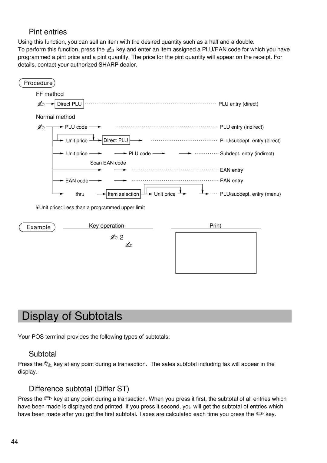 Sharp UP-600 instruction manual Display of Subtotals, P2 x1 p2 c, Pint entries, Difference subtotal Differ ST 