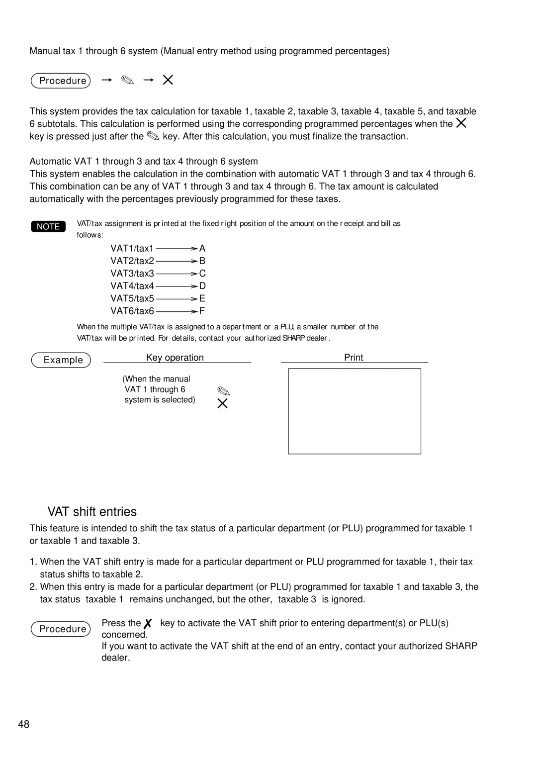 Sharp UP-600 instruction manual Z c, VAT shift entries, Automatic VAT 1 through 3 and tax 4 through 6 system 