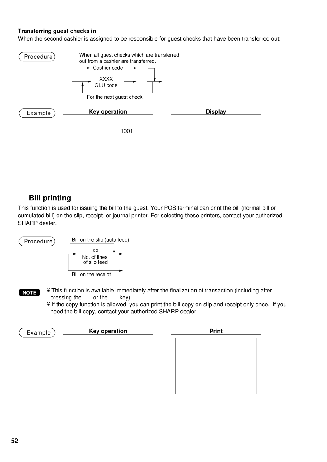 Sharp UP-600 instruction manual Bill printing, Transferring guest checks 