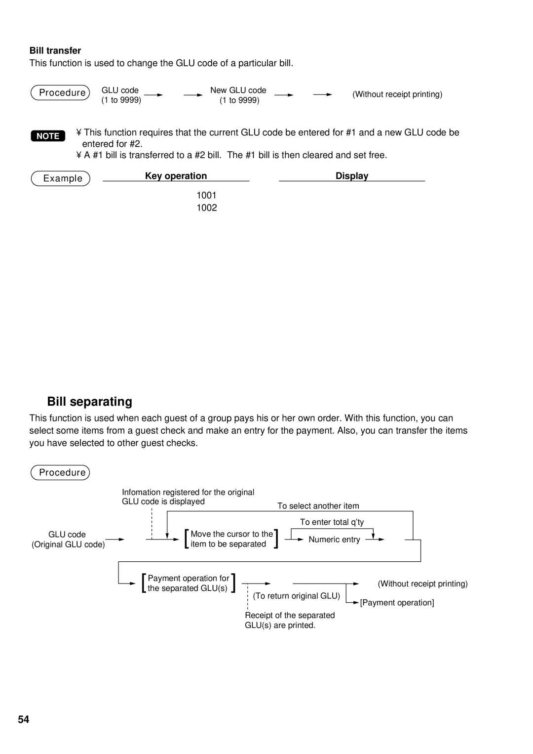 Sharp UP-600 instruction manual Bill separating, Bill transfer 