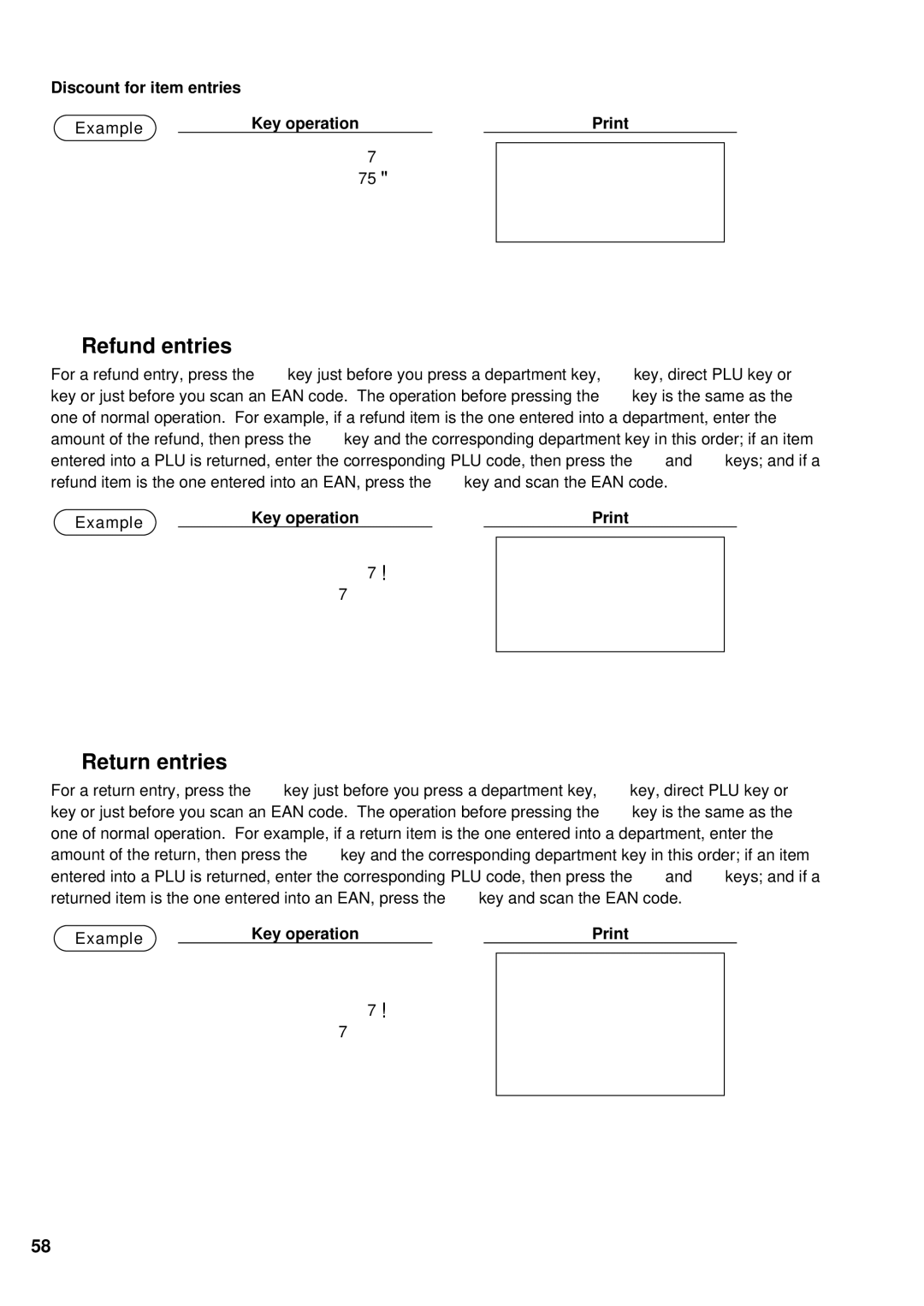 Sharp UP-600 FU c, 7 U c, Refund entries, Return entries, Discount for item entries Example Key operation Print 