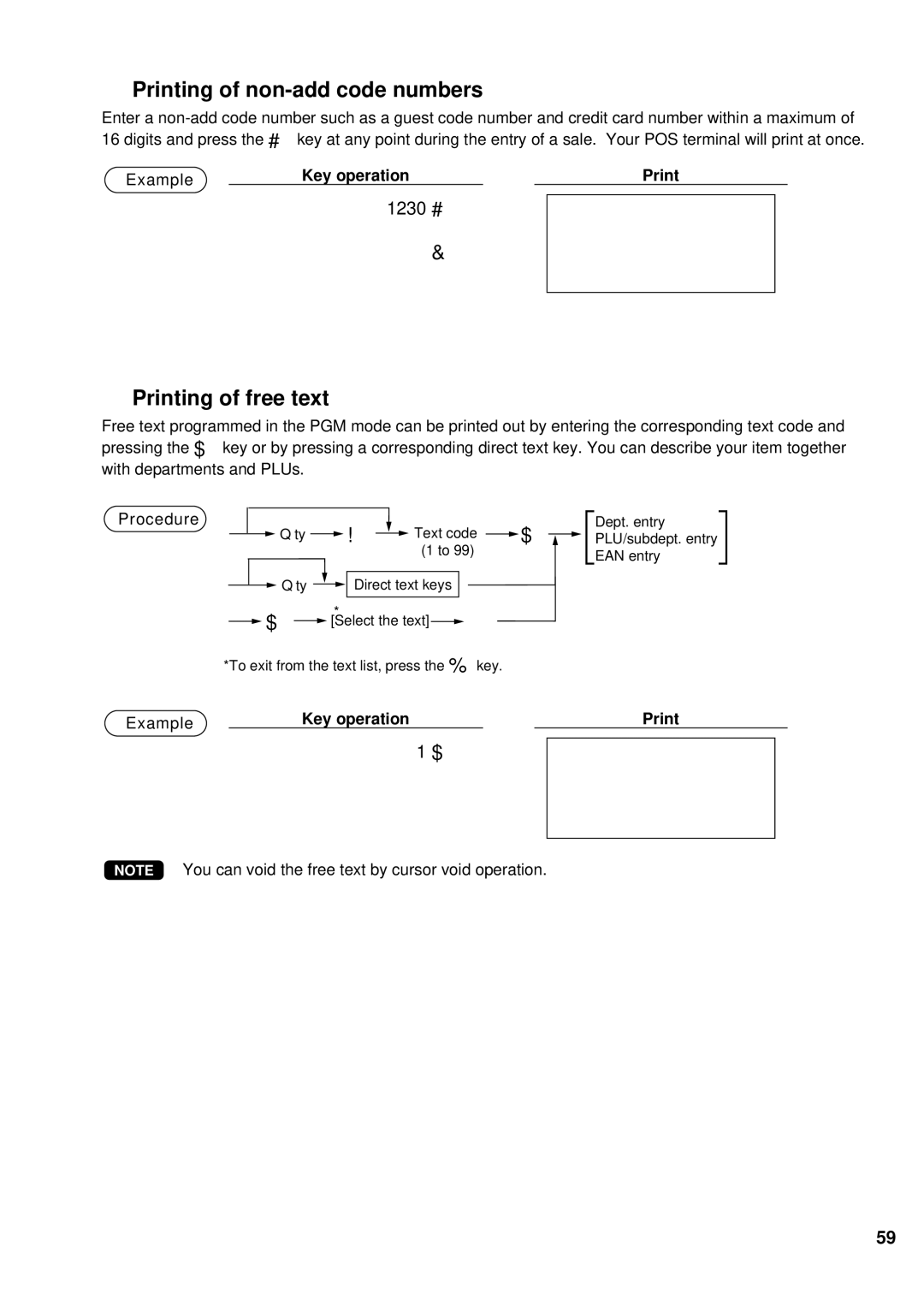 Sharp UP-600 instruction manual 1 c, Printing of non-add code numbers, Printing of free text 