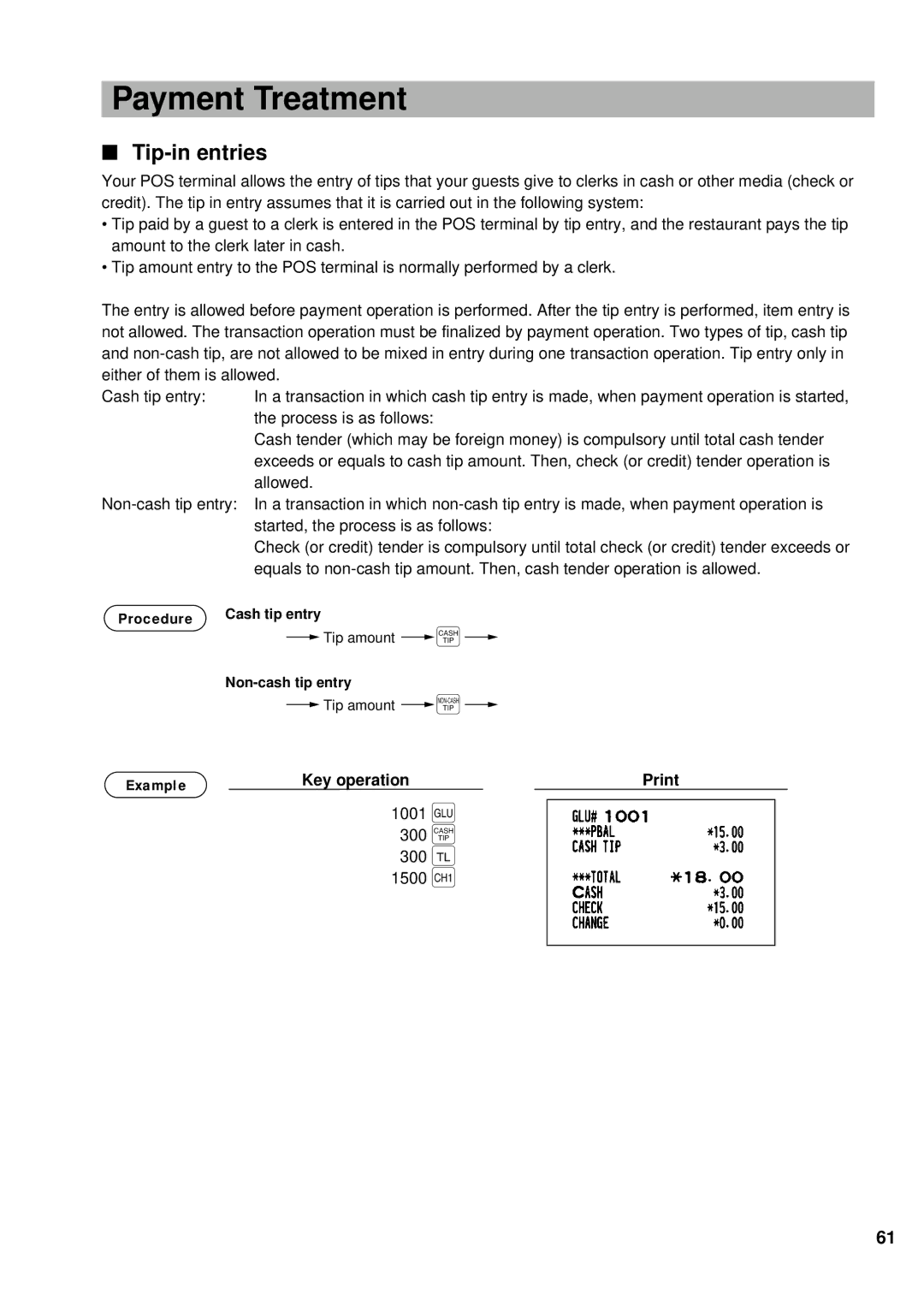 Sharp UP-600 instruction manual Payment Treatment, 300 300 c, Tip-in entries 