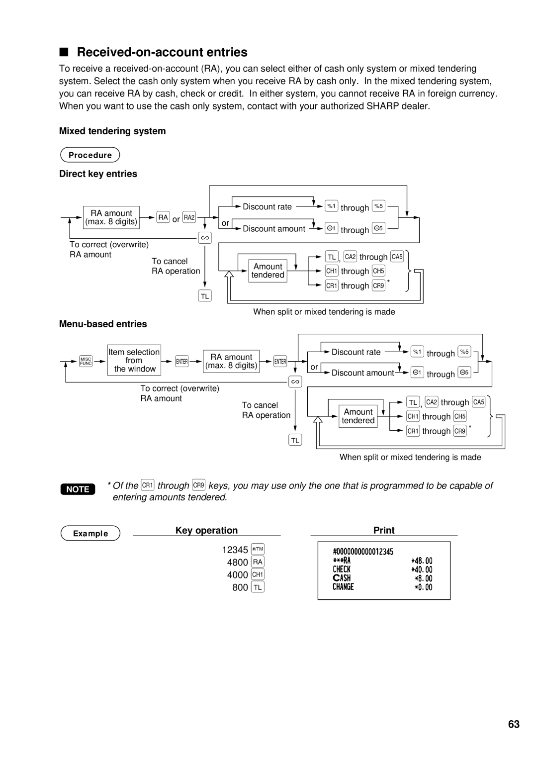 Sharp UP-600 800 c, Received-on-account entries, Mixed tendering system Procedure Direct key entries, Menu-based entries 