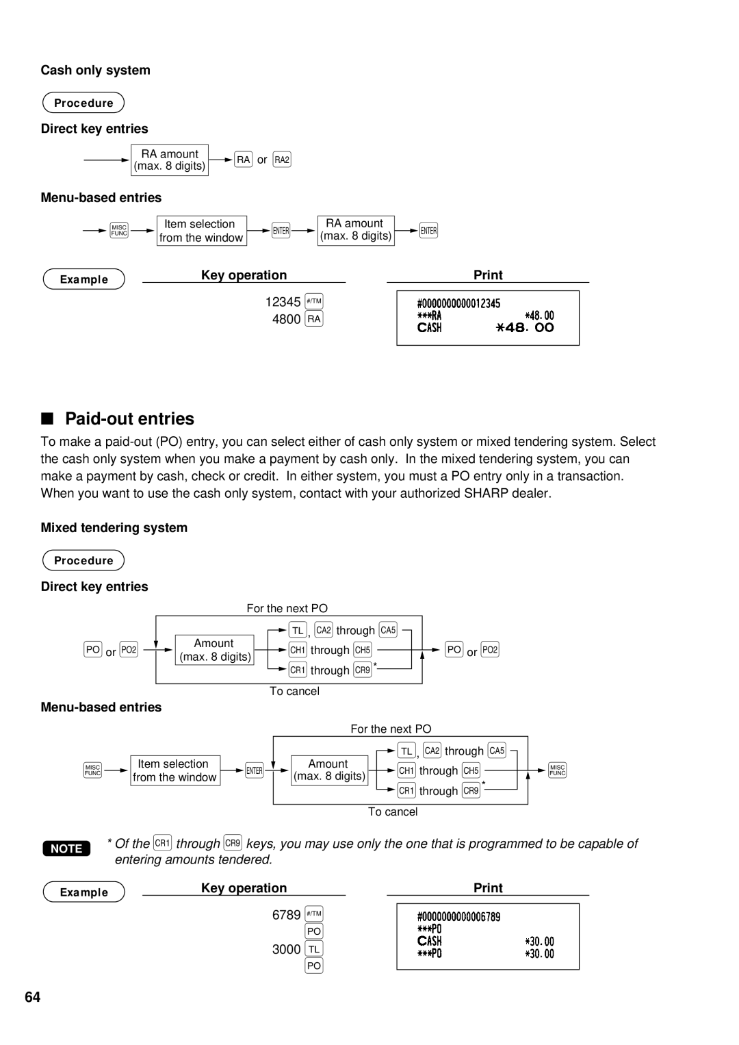 Sharp UP-600 instruction manual Paid-out entries, Cash only system Procedure Direct key entries 