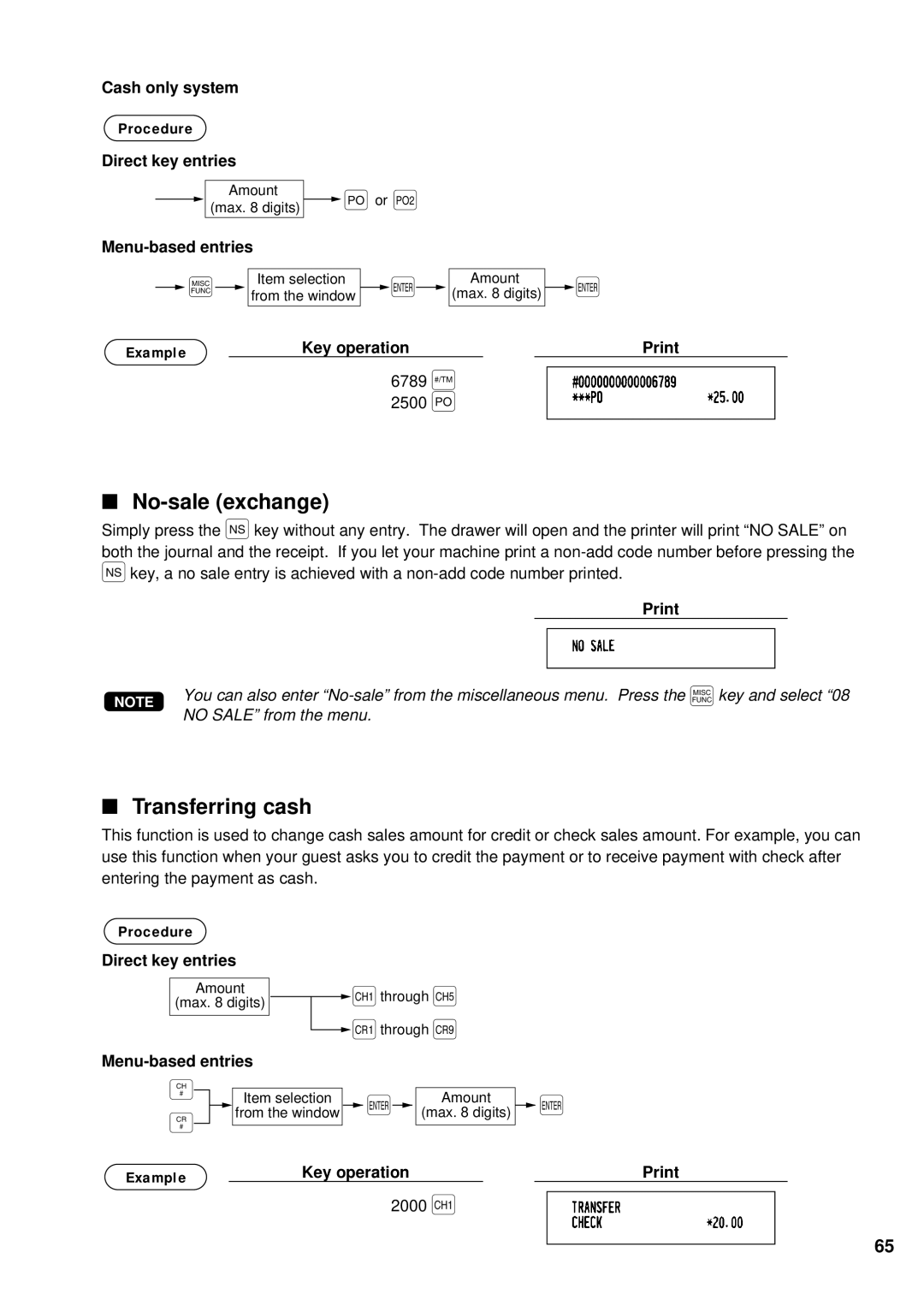 Sharp UP-600 Or Q, No-sale exchange, Transferring cash, Procedure Direct key entries, Menu-based entries Example 