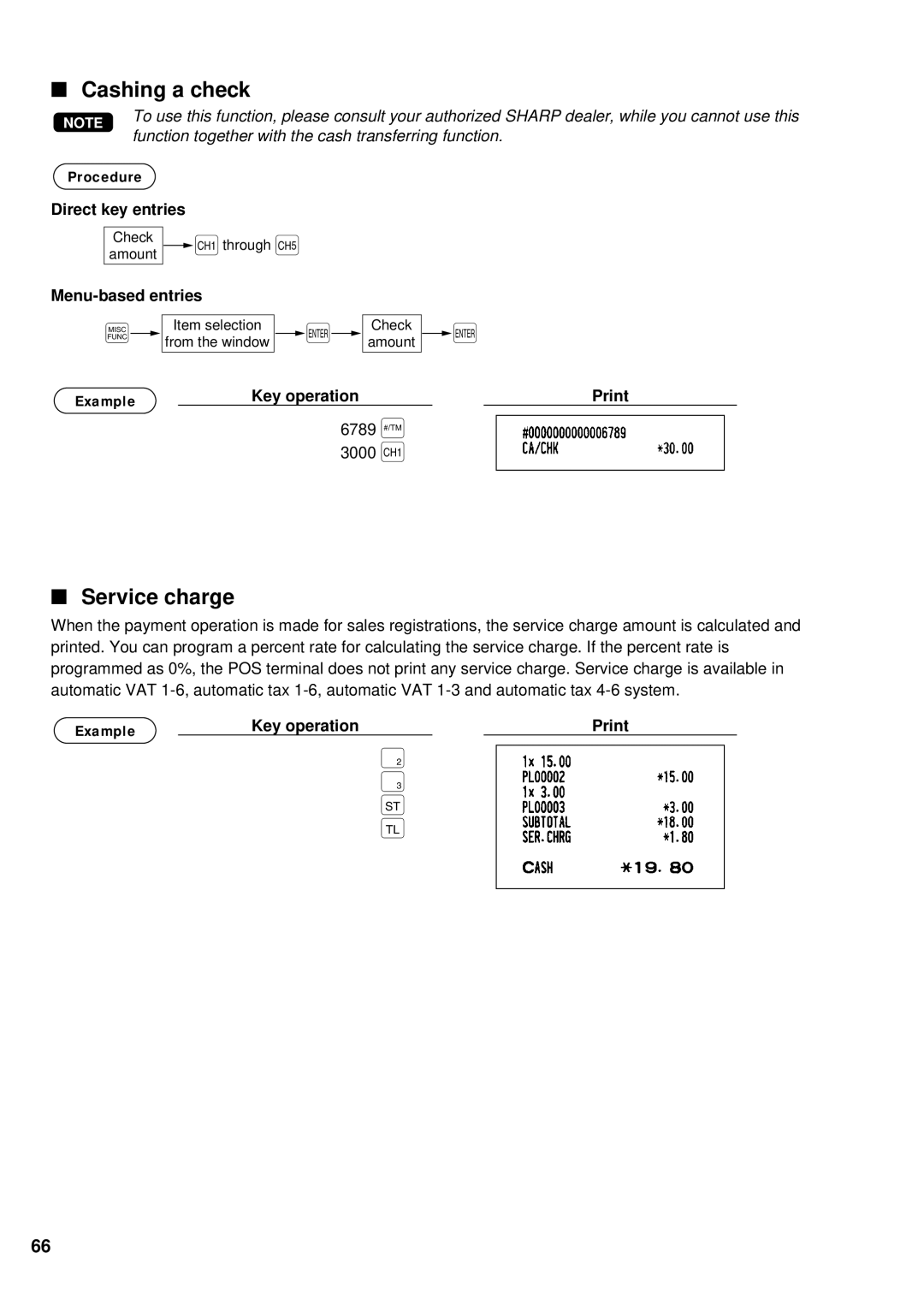 Sharp UP-600 instruction manual Cashing a check, Service charge 