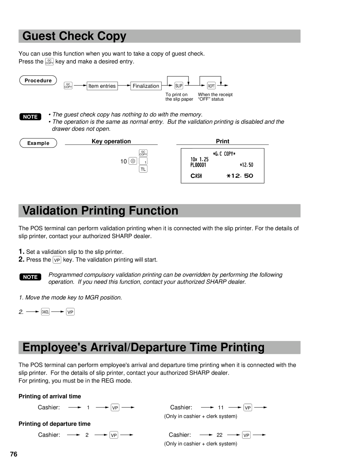 Sharp UP-600 instruction manual Guest Check Copy, Validation Printing Function, Employees Arrival/Departure Time Printing 