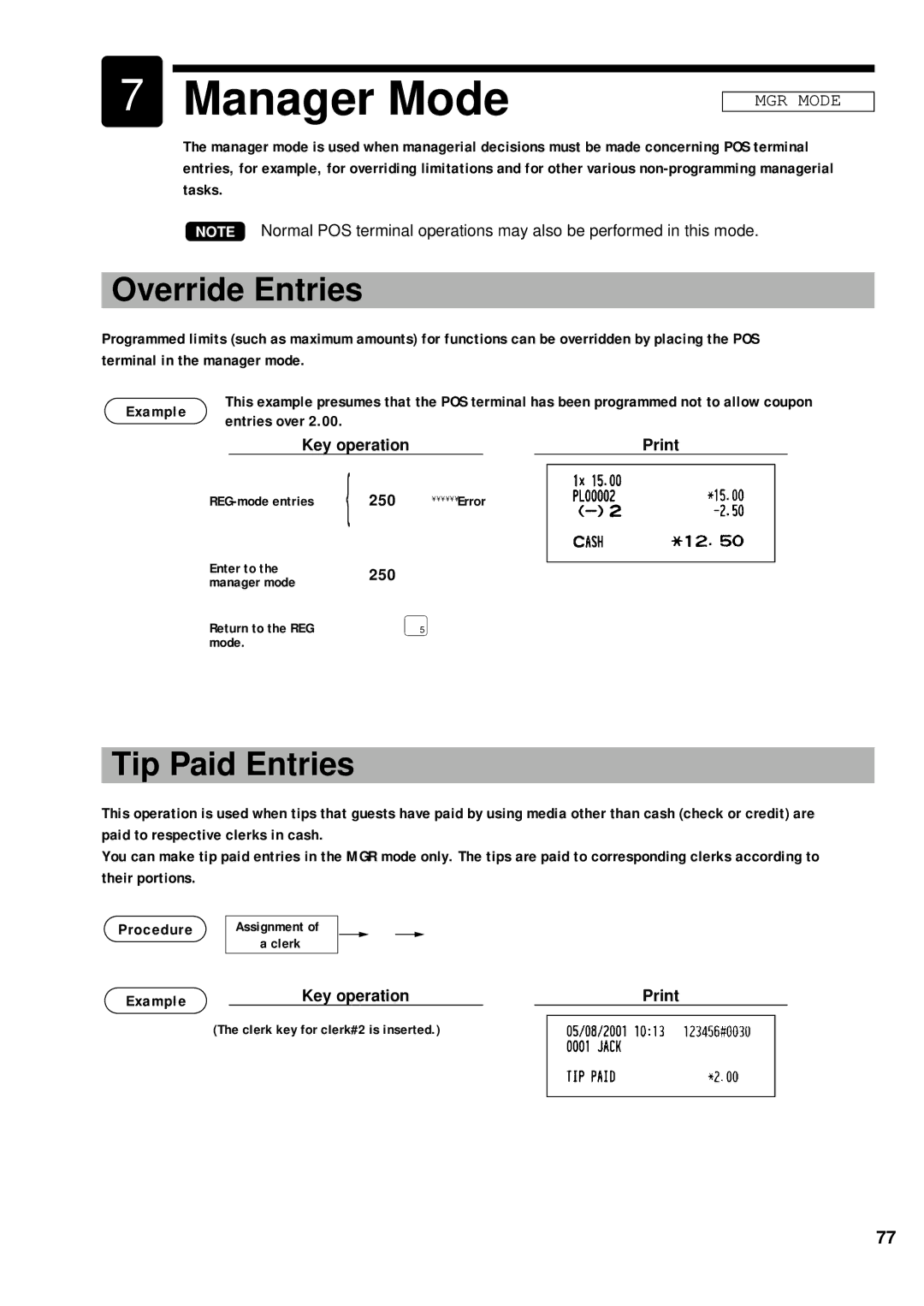 Sharp UP-600 instruction manual Manager Mode, Override Entries, Tip Paid Entries, Key operationPrint, Procedure Example 